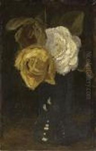 A White And Yellow Rose In A Blue Vase A White And Yellow Rose In A Blue Vase