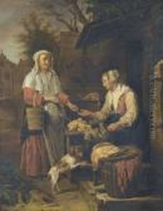 Geflugelhandlerin Mit Stehender Dame