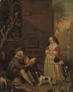 A Woman Buying Poultry From An Old Man Seated On A Barrel by Gabriel Metsu