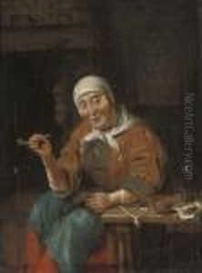 An Old Woman Seated At A Table, Smoking A Pipe, In An Interior