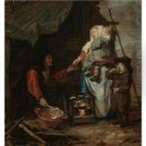 An Old Woman Selling Pancakes To A Mother With Children by Gabriel Metsu