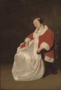 A Lady Asleep In A Chair, In A Red Coat With Ermine Trim by Gabriel Metsu