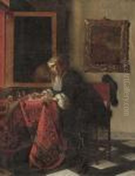 A Gentleman Writing A Letter In An Interior, By An Openwindow - view 1