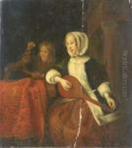 A Girl Playing A Mandolin And A Boy With A Dog by Gabriel Metsu