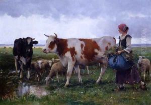 Peasant Woman With Cows & Sheep by Julien Dupre