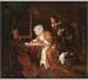 A Lady Writing A Letter With A Man Looking Over Her Shoulder by Gabriel Metsu