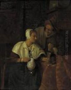 A Woman Seated By A Table Pouring Wine For A Man, In An Interior by Gabriel Metsu