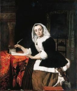 An Elegant Lady Writing At Her Desk, With A Dog Beside Her by Gabriel Metsu