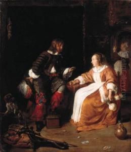 An Officer Paying Court To A Young Woman In An Interior by Gabriel Metsu