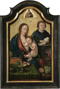 The Holy Family, Seated Before A
Table Laid With Various Fruit On An Embroidered Green Cloth The Holy Family, Seated Before A
Table Laid With Various Fruit On An Embroidered Green Cloth