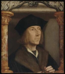Portrait Of Gentleman, 
Bust-length, In A Fur-lined Coat, Telling A Rosary, Set In An 
Architectural Surround