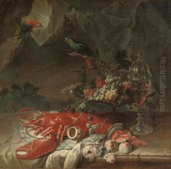 A Lobster On A Porcelain 
Platter, A 'tazza' With Fruit And A Covered Glass Of Red Wine, All On A 
Partially Draped Stone Ledge Before A Curtain With Two Parrots - view 1