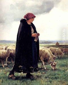 A Shepherdess With Her Flock I by Julien Dupre