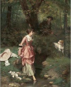 19th Century A Young Beauty Crossing A Brook A Hunter Beyond 19th Century A Young Beauty Crossing A Brook A Hunter Beyond