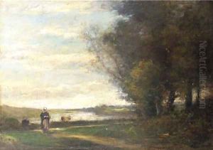 A woman on a track in a river landscape by Julien Dupre