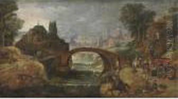 View Of The Outsksirts Of A Town With Elegant Travellers Along The Banks Of A River - view 1