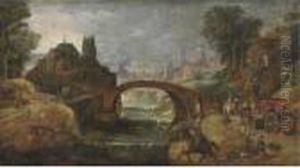 View Of The Outsksirts Of A Town With Elegant Travellers Along The Banks Of A River by Pieter Meulenaer