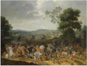 A Cavalry Battle Scene In A Hilly Landscape by Pieter Meulenaer