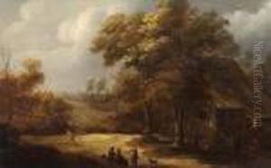 A Landscape Withpeasants Playing Skittles Outside An Inn And Women Conversing In Alane