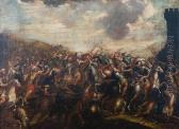 The Fight For The Standard,
Turkish Andeuropean Armies Outside A Fortified City; Cavalry Skirmish,
Shipsat Sea In The Distance - view 1