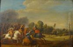 A Battle Scene With Soldiers On Horseback by Pieter Meulenaer