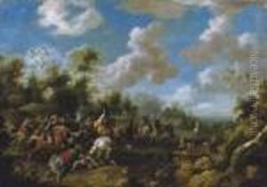 A Cavalry Skirmish In A Wooded Landscape