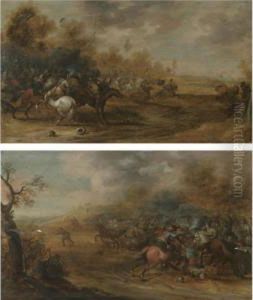 A Pair Of Cavalry Battles by Pieter Meulenaer