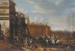 Soldiers Holding Siege At The Gates Of A Fortified Town, A Battlefield Beyond