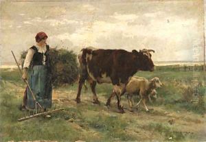 Shepherdess with a Cow and Sheep on a Path