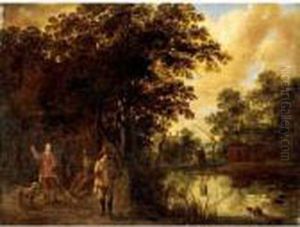 A River Landscape With Three Huntsmen With Their Dogs