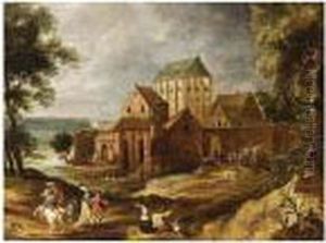 A Landscape With A Falcon Hunting Party Returning Outside The Walls Of A Town by Pieter Meulenaer