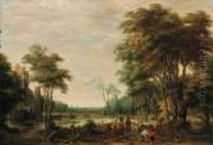 A Wooded Landscape With Travellers And Sportsmen On A Track, A Townbeyond by Pieter Meulenaer