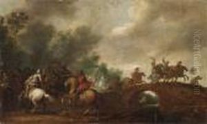 A Cavalry Skirmish On The Outskirts Of A Wood By A Bridge