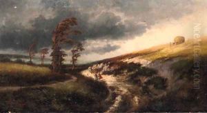 Travellers on a path in a stormy landscape