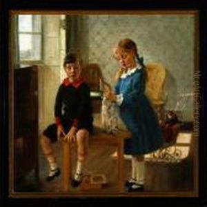 Brother And Sister Areplaying In The Living Room by Carl Vilhelm Meyer