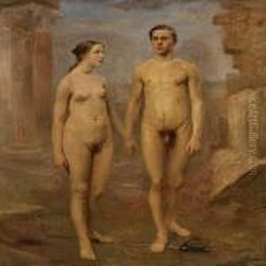 A Naked Man And Woman Standing Among Ruins by Carl Vilhelm Meyer