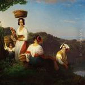 Italian Girls Gathering Flowers In Large Baskets by Ernst Meyer