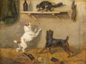 Zwei Hunde, Eine Auf Flaschenbord Gefluchtete Katze Verbellend by Paul Friedrich Meyerheim