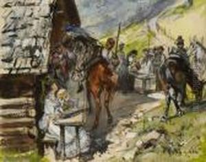 Rast Vor Der Almhutte. by Paul Friedrich Meyerheim