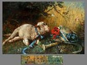 Liegendes Lamm Mit Blauem Band Neben Strohhut