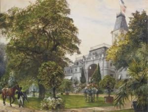 A Large House With A Blooming Garden, A Rider With A Horse In Theforeground