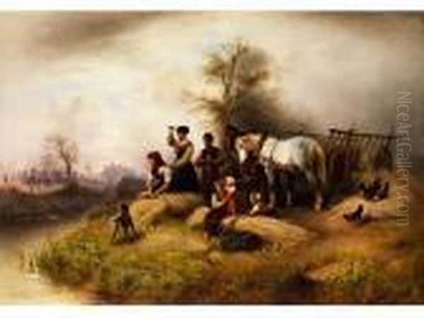 Bauernfamilie Bei Der Kornerntebeobachten Einen Zug Der Kavallerie - view 1