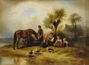 Rastende Bauernfamilie Mit Enten
