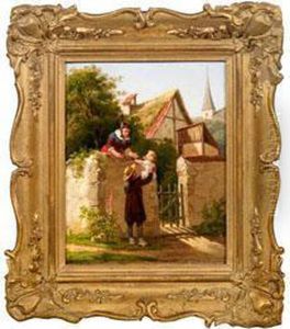 Idyllische Familienszene An Der Gartenpforte by Wilhelm Alexander Meyerheim