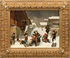 Verschneites Suddeutsches Dorf Mit Schlitten Fahrenden Kindern by Wilhelm Alexander Meyerheim