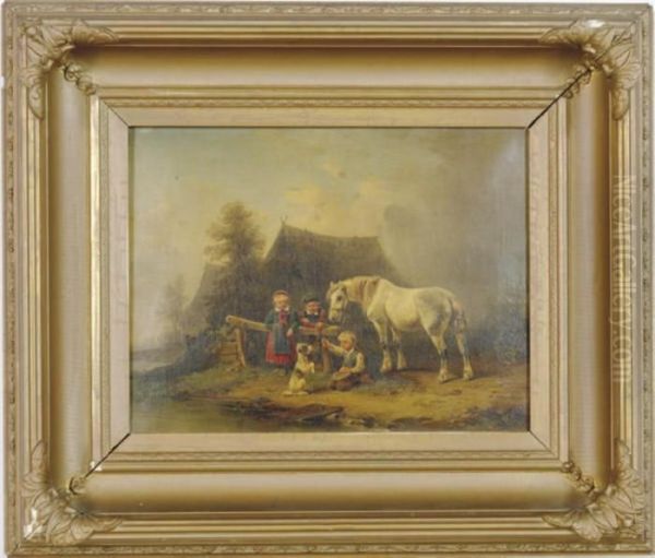 Children Playing In A Farmyard With Their Pets - view 1