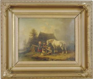 Children Playing In A Farmyard With Their Pets by Wilhelm Alexander Meyerheim