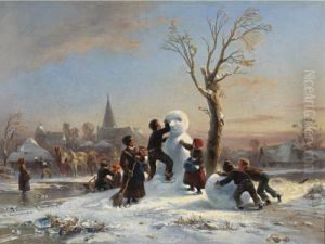 Children Building A Snowman by Wilhelm Alexander Meyerheim