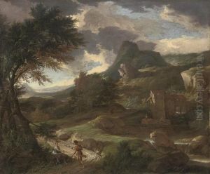 A Mountainous Wooded Landscape 
With A Shepherd And A Shepherdess Ona Track, A Mill Beyond by Aelbert Meyeringh
