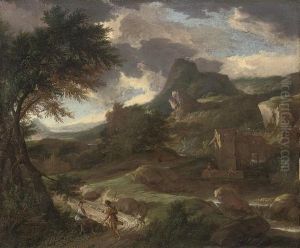 A Mountainous Landscape With A Shepherd And A Shepherdess On A Track, A Mill Beyond